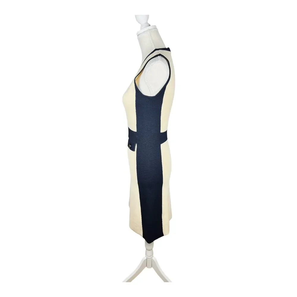 Tory Burch Cream Navy Colorblock Knit Dress Medallion Buttons Sleeveless S